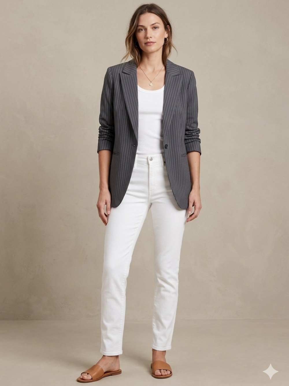 Banana Republic Factory Long Lean Blazer in Grey Pinstripe